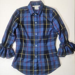 Gretchen Scott Priss Blouse Womens XS Blue Plaid Button Up Ruffle Sleeve Top